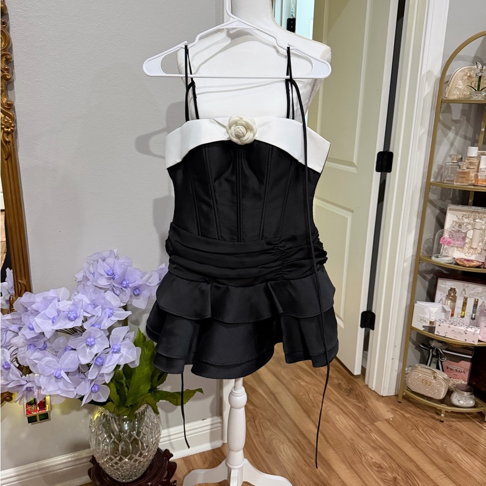Girls Black and White Tiered Party Dress with Floral Accent